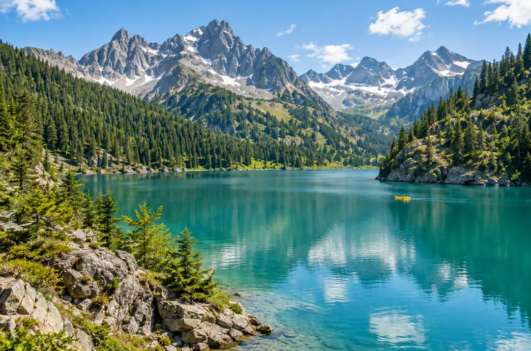 Türkisgrüner Bergsee mit einem kleinen gelben Kajak